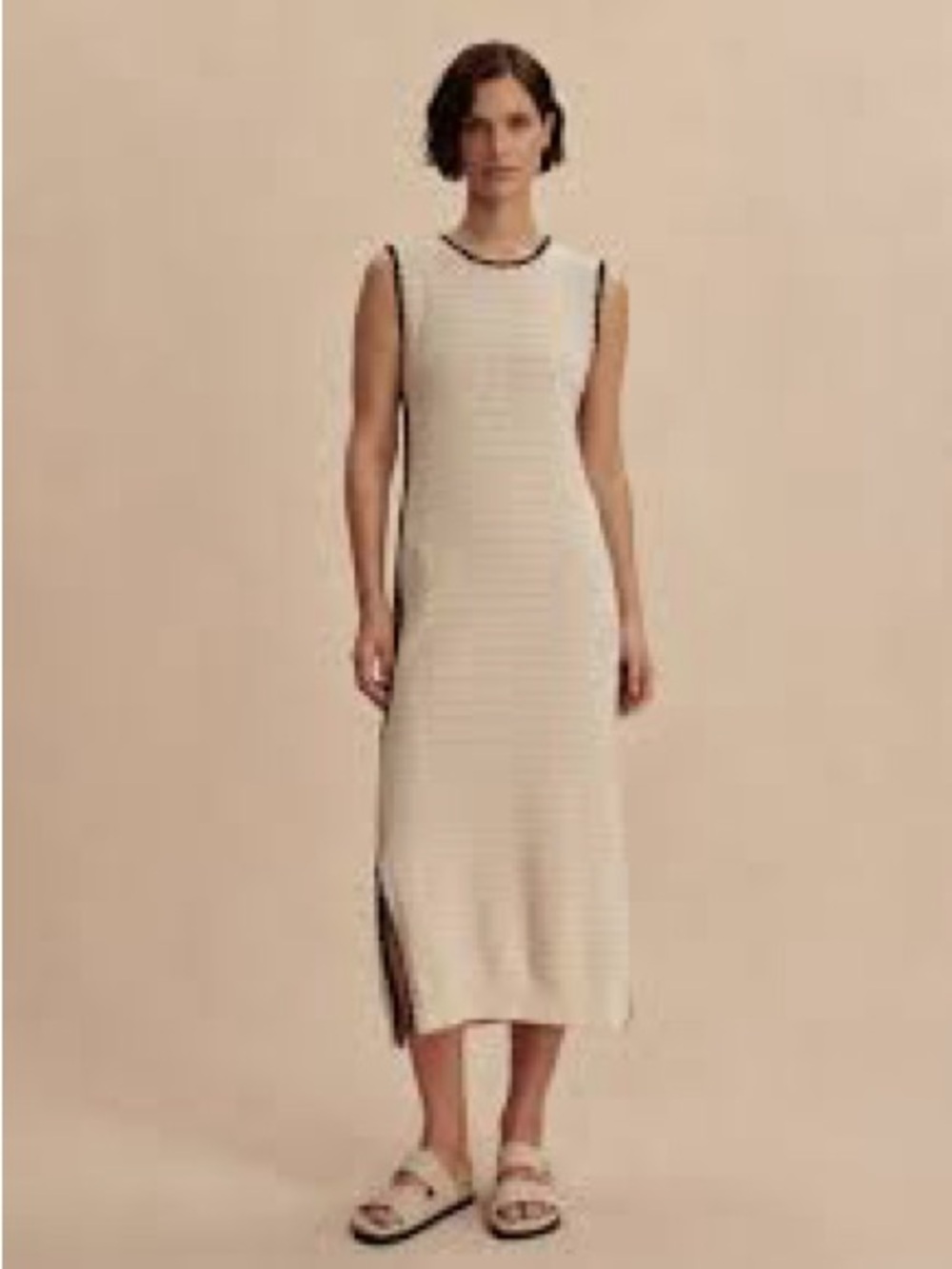 Varley Cream Knit Sleeveless Midi Dress with Black Trim